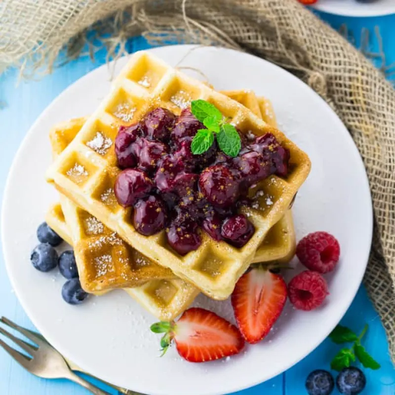 Eggless Waffles with Cherry Sauce (Vegan)