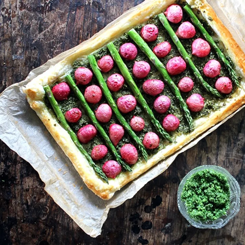 Roasted Radish and Asparagus Tart with Kale Pesto