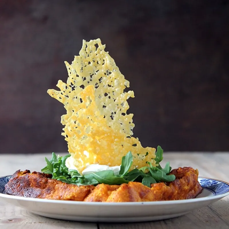 Sweet Potato Waffles with Cheese Shards