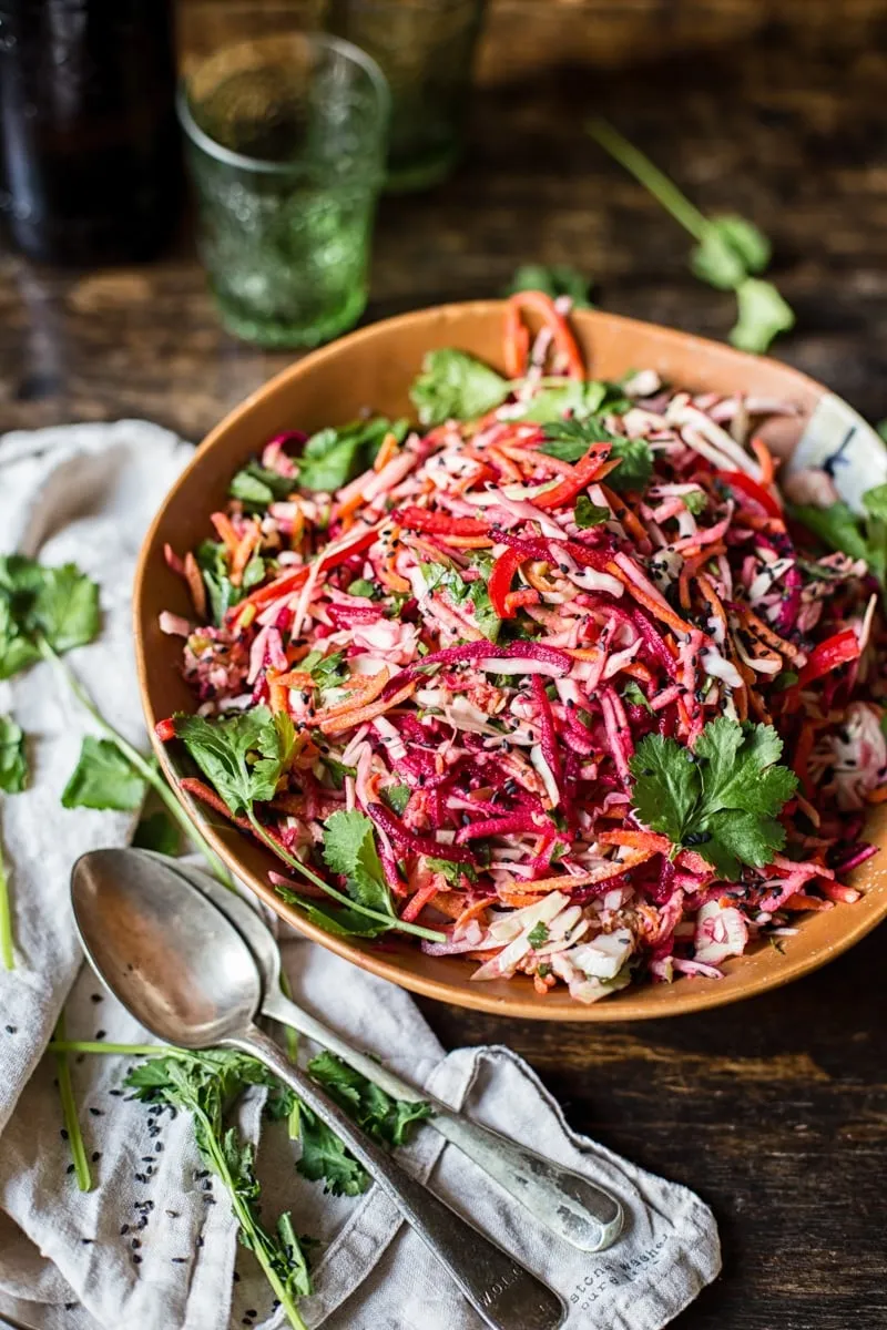 Rainbow Slaw with Lemon Garlic Tahini Dressing