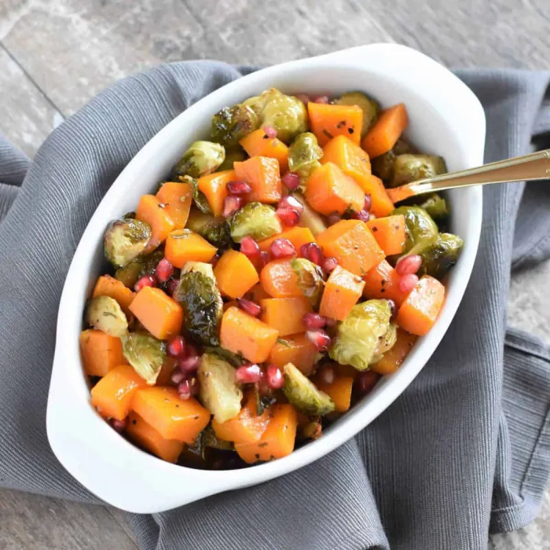 Roasted Butternut Squash and Brussels Sprouts with Pomegranate