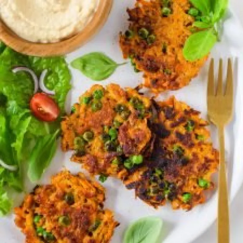 Easy Carrot & Pea Fritters with Hummus & Garden Salad 