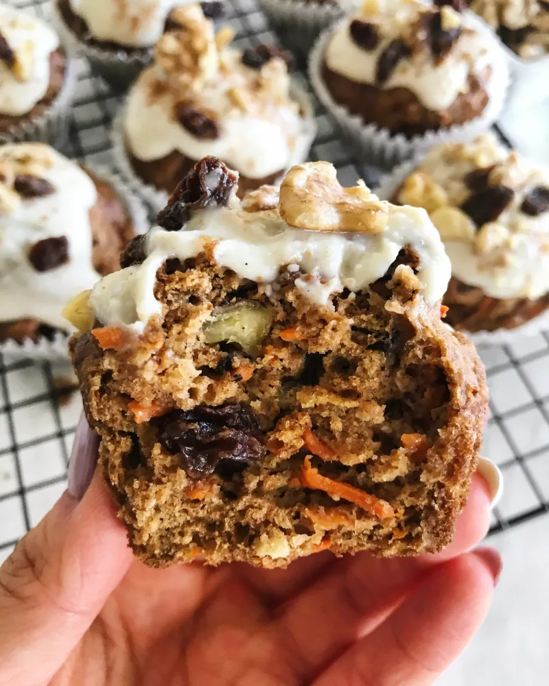 Carrot Cake Walnut Raisin Muffins with Greek Yogurt Frosting