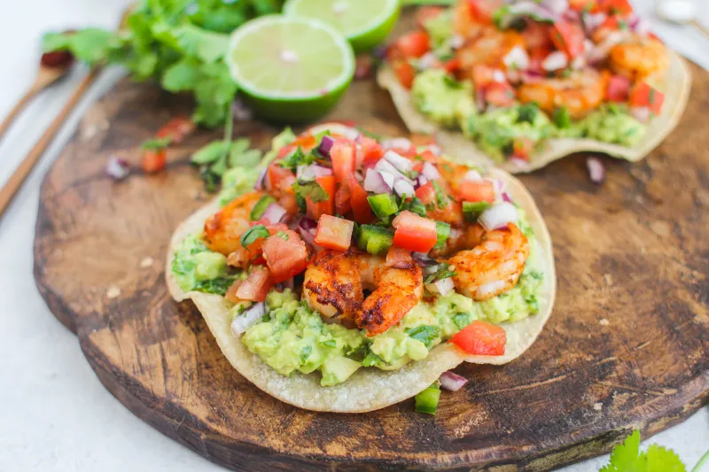 Grilled Shrimp Tostadas with Guacamole & Pico de Gallo